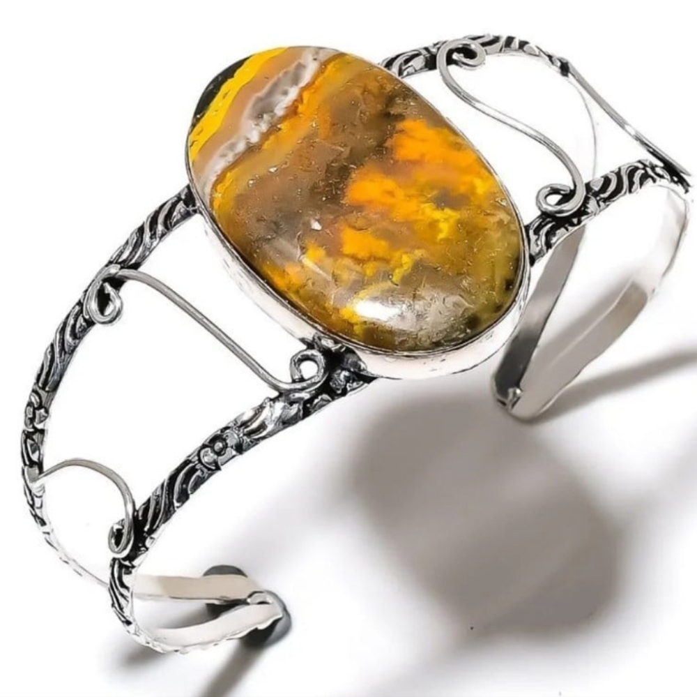 Bumblebee Jasper Gemstone 925 Sterling Silver Handmade Adjustable Cuff Bracelet